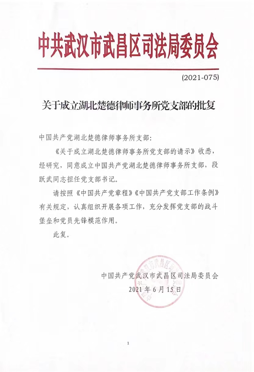 中共湖北楚德律师事务所党支部获批文件正式下达(图1)